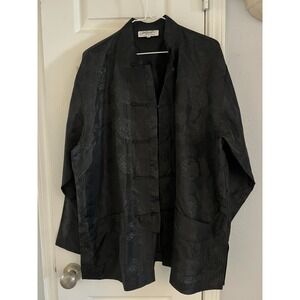 Vintage Plants Silk Chinese Tang Jacket Men's XXL Black 100% Silk Frog Closure